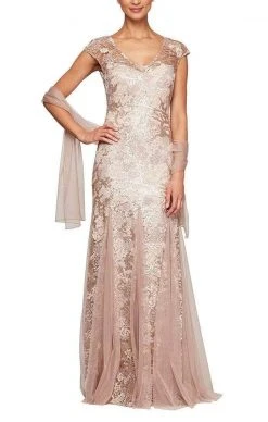 Alex Evenings - Cap Sleeve Embroidered Evening Dress 8117897 - 1 Pc Rose Gold In Size 6 Available Formal Gowns