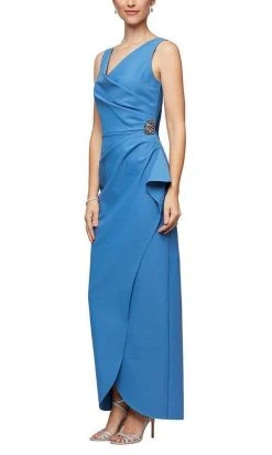 Formal Gowns Alex Evenings - Draped Brooch Ornate Dress 134200 - 1 Pc Sky Blue In Size 8 Available