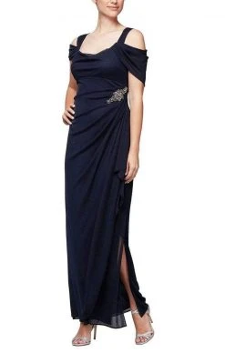 Formal Gowns Alex Evenings - Draped Cold Shoulder Evening Dress 232902 - 1 Pc Navy In Size 14P And 1 Pc Wine In Size 16P Available