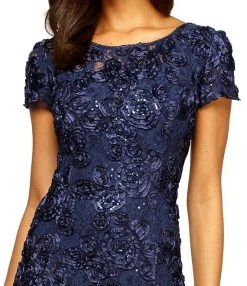 Alex Evenings - Rosette Lace Sequin Short Sleeve A-Line Gown 212788 - 1 Pc Navy In Size 12P Available Formal Gowns