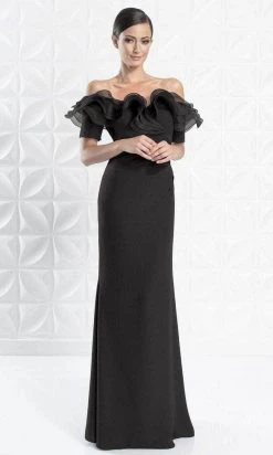 Alexander By Daymor - 1257 Sheer Ruffled Off-shoulder Long Gown - 1 Pc Midnite In Size 12 Available Formal Gowns