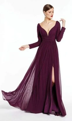 Formal Gowns Alyce Paris - 27304 Long Sleeves V Neck Jersey Dress With Slit - 2 Pc Claret In Size 16 And 20 Available