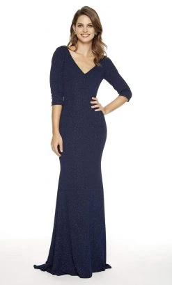 Formal Gowns Alyce Paris - 27377 V-Neck And Back Long Glitter Jersey Dress - 2 Pcs Midnight In Size 10 And 12 Available