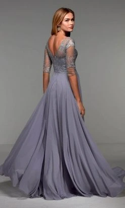 Alyce Paris - 27475 Embroidered V-neck Long Dress - 1 Pc Grey In Size 16 Available