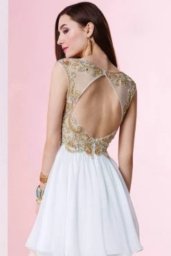 Alyce Paris - 3653 Illusion Bateau Gold Beaded Cutout A-Line Dress - 1 Pc. White/Gold In Size 0 Available