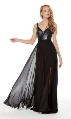 Alyce Paris - 60242 Leather Bodice Deep V-neck Chiffon A-line Dress - 1 Pc Black In Size 6 Available