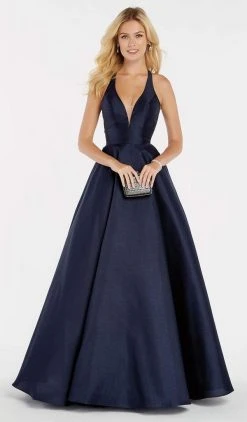 Alyce Paris - 60393 Halter Neck Silk Shantung A-Line Prom Gown - 1 Pc Navy In Size 8 Available Formal Gowns