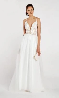 Alyce Paris - 60466 Embroidered Plunging Neck Tulle A-line Dress - 1 Pc Diamond White/Pink In Size 0 Available Formal Gowns