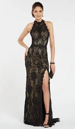 Alyce Paris - 60485 Jeweled Illusion High Halter Lace Slit Gown Formal Gowns