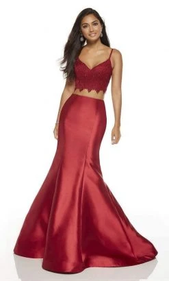 Alyce Paris - 60633 Two-Piece Lace Croptop Silk Mikado Mermaid Gown - 1 Pc Emerald In Size 4 And 1 Pc Wine In Size 0 Available Formal Gowns