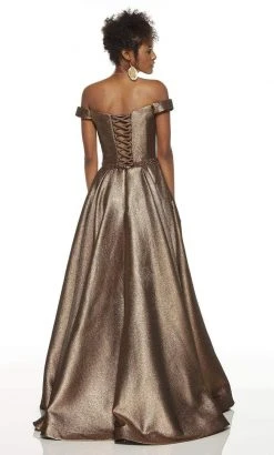 Alyce Paris - 60718 Off The Shoulder V-Neck Metallic Jacquard A-Line Gown - 1 Pc Metallic Purple In Size 16 Available