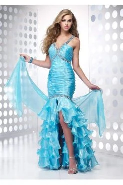 Formal Gowns Alyce Paris - 6643 Ruched Bodice Sexy Back Ruffled Mermaid Gown - 1 Pc Turquoise In Size 4 Available