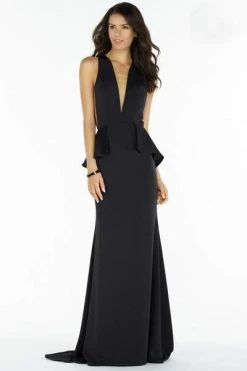 Alyce Paris - 8002 Plunging Neck Peplum Styled Evening Gown - 1 Pc Black In Size 4 Available Formal Gowns