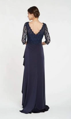 Alyce Paris - Beaded Lace V Neck Quarter Sleeve Wrap Gown 27242 - 1 Pc Navy In Size 14 Available Formal Gowns