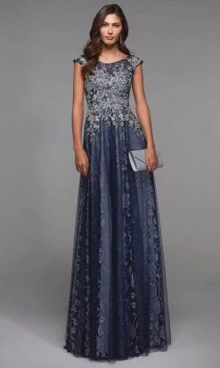 Alyce Paris - Cap Sleeve Floral Glitter Evening Dress 27487 - 1 Pc Navy-Pewter In Size 18 Available Formal Gowns