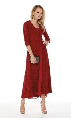 Alyce Paris - Lace Cardigan Inspired Tea Length Dress 27048 - 2 Pcs Claret In Size 14 And 18 Available Cocktail Dresses