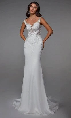 Alyce Paris - Lace Deep V-Neck Bridal Gown 7026 - 1 Pc Diamond White In Size 18 Available Formal Gowns