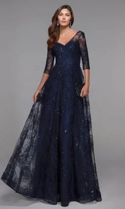 Alyce Paris - Lace Quarter Sleeve Evening Dress 27494 - 1 Pc Navy In Size 8 Available Formal Gowns