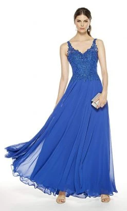 Alyce Paris - Sleeveless Embellished Bodice Chiffon A-Line Gown 27395 - 1 Pc Sapphire In Size 22 Available