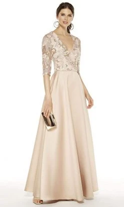 Formal Gowns Alyce Paris - V-Neck Embroidered Lace Bodice A-Line Gown 27388SC - 1 Pc Latte In Size 16 Available