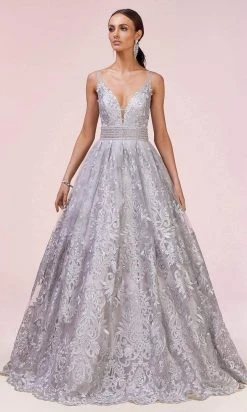 Andrea And Leo - A0620 Embroidered Lace Deep V Neck Ballgown Formal Gowns