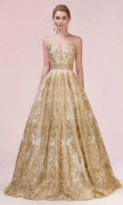 Andrea And Leo - A0620 Embroidered Lace Deep V Neck Ballgown Formal Gowns