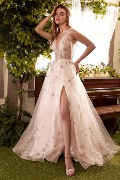 Formal Gowns Andrea And Leo - A0827 Plunging V Neck A-Line Gown With Slit