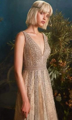 Andrea And Leo - A0966 V Neck Beaded Fit And Flare Dress Formal Gowns