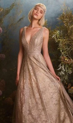 Andrea And Leo - A0966 V Neck Beaded Fit And Flare Dress Formal Gowns