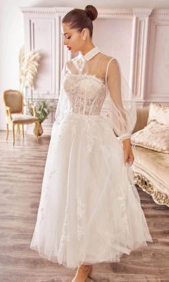 Cocktail Dresses Andrea And Leo - A1016 Collared Illusion Neckline Cocktail Length Bridal Dress - 1 Pc Off White In Size 16 Available