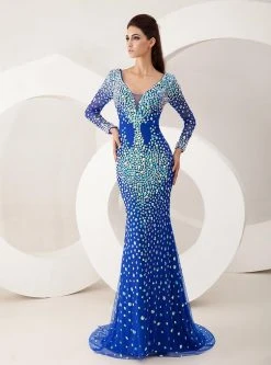 Formal Gowns Angela & Alison - 21095 Long Sleeve Plunging Bejeweled Gown