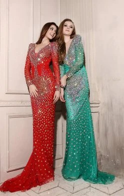 Formal Gowns Angela & Alison - 21095 Long Sleeve Plunging Bejeweled Gown