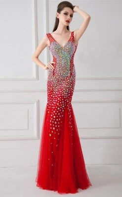 Angela & Alison - 41012 Shimmering Ornate V-Neck Trumpet Gown Formal Gowns