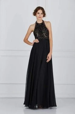 Formal Gowns Angela & Alison - 61009 Floral Beaded High Halter Tulle Gown