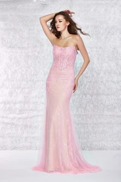 Angela & Alison - 61069 Strapless Corset Boned Illusion Lace Gown Formal Gowns