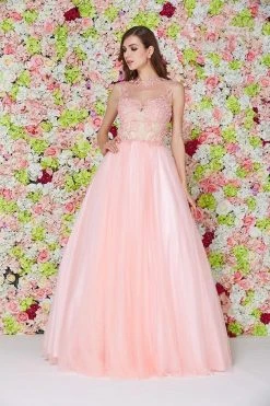 Angela & Alison - 61126 Illusion Floral Lace Festooned Ballgown Formal Gowns