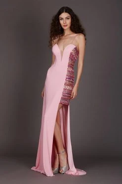 Angela & Alison - 661064 Embellished Deep V-neck A-line Dress