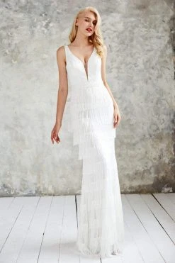 Angela & Alison - 71003 V-neck Layered Fringed Sheath Dress 11 Angela & Alison - 71003 V-neck Layered Fringed Sheath Dress