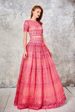 Formal Gowns Angela & Alison - 71008 Laced Two-Piece A-line Evening Gown