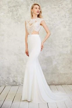 Angela & Alison - 71028 Cap Sleeves Lace Sheath Gown