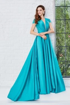 Angela & Alison - 71043 Deep V-Neck Beaded Sleek Ballgown