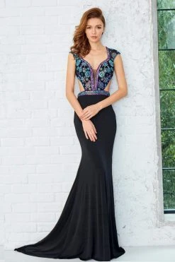 Formal Gowns Angela & Alison - 71045 Beaded Deep V-neck Sheath Gown