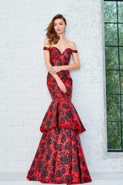 Formal Gowns Angela & Alison - 71056 Floral Off Shoulder Layered Trumpet Gown