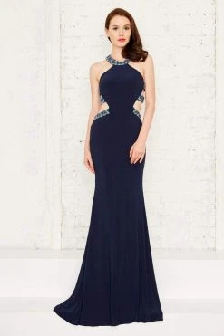 Formal Gowns Angela & Alison - 71118 Beaded Halter Long Dress With Cut Out Panels