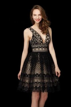 Cocktail Dresses Angela & Alison - 72006 Lace Plunging V-neck Cocktail Dress