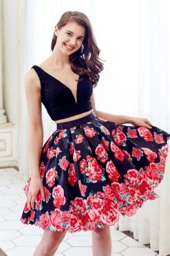 Angela & Alison - 72025 Two Piece Lace Floral Printed Dress Cocktail Dresses