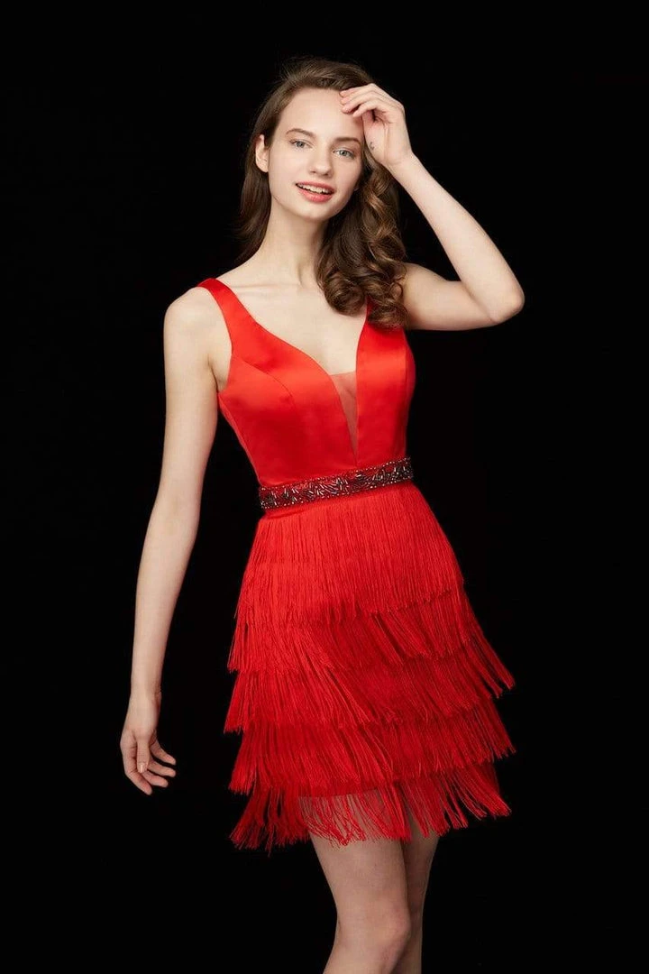 Angela & Alison - 72032 Plunging Beaded Waist Fringe Short Dress Cocktail Dresses 6 Angela & Alison - 72032 Plunging Beaded Waist Fringe Short Dress Cocktail Dresses