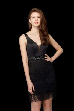 Angela & Alison - 72032 Plunging Beaded Waist Fringe Short Dress Cocktail Dresses