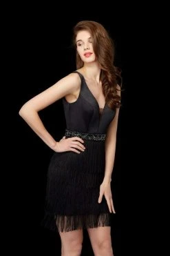 Angela & Alison - 72032 Plunging Beaded Waist Fringe Short Dress Cocktail Dresses