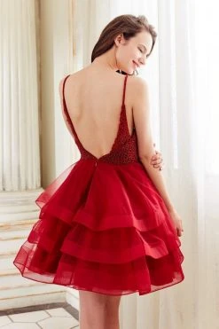 Angela & Alison - 72034 Sequined Plunging Layered Tulle Dress